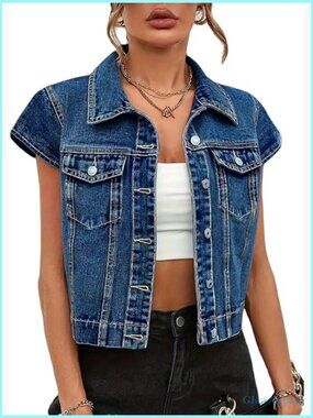 Womens Vintage Denim Vest Button Down Short Sleeve Jean Waistcoat Jacket